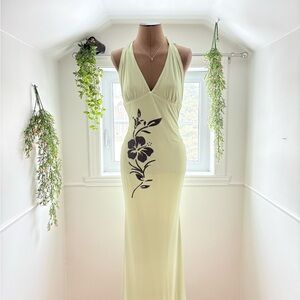 Elegant Floral Halter Dress in Sage Green